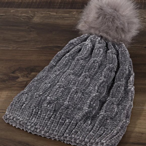 Dark Gray Chenille Cable Knit Beanie - Picture 1 of 2